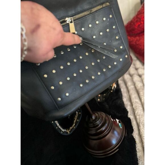 Rhinestone strap rivet studded black vegan leather backpack - Picture 7 of 11